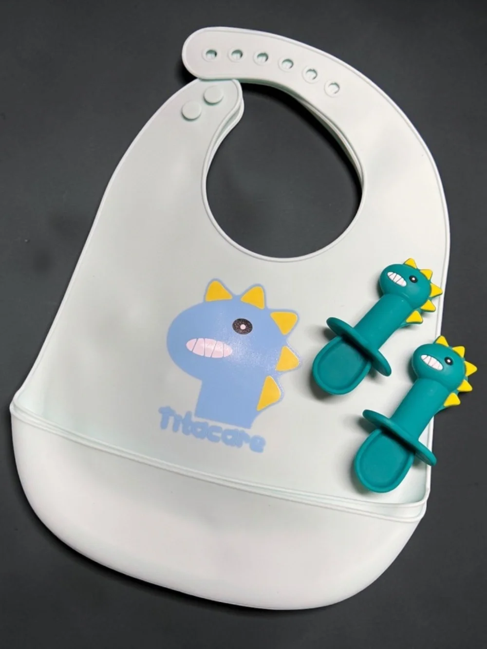 TitaCare Dinosaur Silicone Baby Bib & Utensils NIP